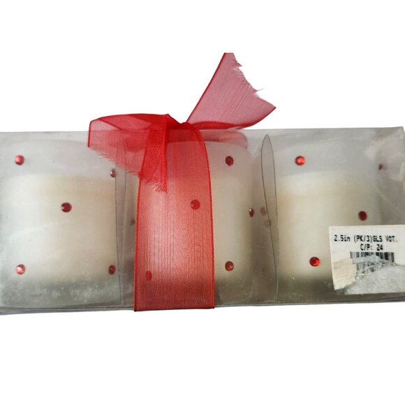 Candles White Red Rhinestones Votive  2 1/2 " Tall 2" Top Gift Box Set of 3 Spar - Picture 1 of 15